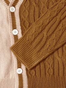 Tween Boy Two Tone Letter Embroidery Striped Trim Drop Shoulder Cable Knit Cardigan - Apricot - View 5