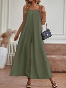 SHEIN LUNE 素色闊腿吊帶連體褲 - 綠色 - 查看 5