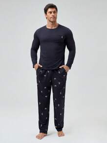Men Graphic Print PJ Set / Pajama Set, Fall Clothes - Navy Blue - View 1