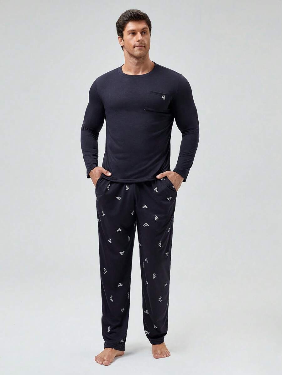 Men Graphic Print PJ Set / Pajama Set, Fall Clothes - Navy Blue - View 1