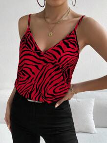 SHEIN Privé 斑馬紋吊帶上衣 - 紅色 - 查看 6