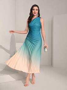 Modelyn Bóng Một bờ vai Xù Viền xếp Đầm - Màu xanh lam - Xem 4