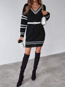SHEIN Unity Striped Trim Cable Knit Drop Shoulder Sweater Dress Fall Winter Cloth For Women