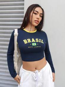 SHEIN EZwear Letter Graphic Contrast Binding Crop Tee - Navy Blue - View 6