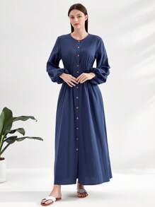 Mulvari Cotton Lantern Sleeve Fold Pleated Detail Button Front Dress - Navy Blue - View 5