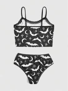 ROMWE Goth 蝙蝠圖案蕾絲拼接睡衣套裝 - 彩色 - 查看 2