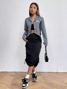 Flirla Letter Graphic Two Tone Asymmetrical Hem Blazer Fall Cloth For Women - Multicolor - View 6