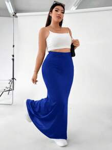 Flirla 大碼素色魚尾短裙 - 寶藍色 - 查看 6