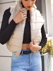 EURMUSE Zip Up Puffer Vest Coat - Beige - View 5