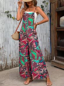 SHEIN VCAY Graphic Print Wide Leg Cami Jumpsuit - Multicolor - View 4