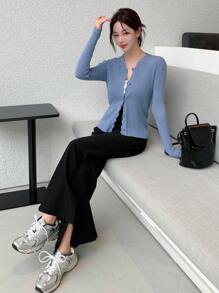 DAZY Scallop Trim Button Front Cardigan,Fall Clothes - Dusty Blue - View 5