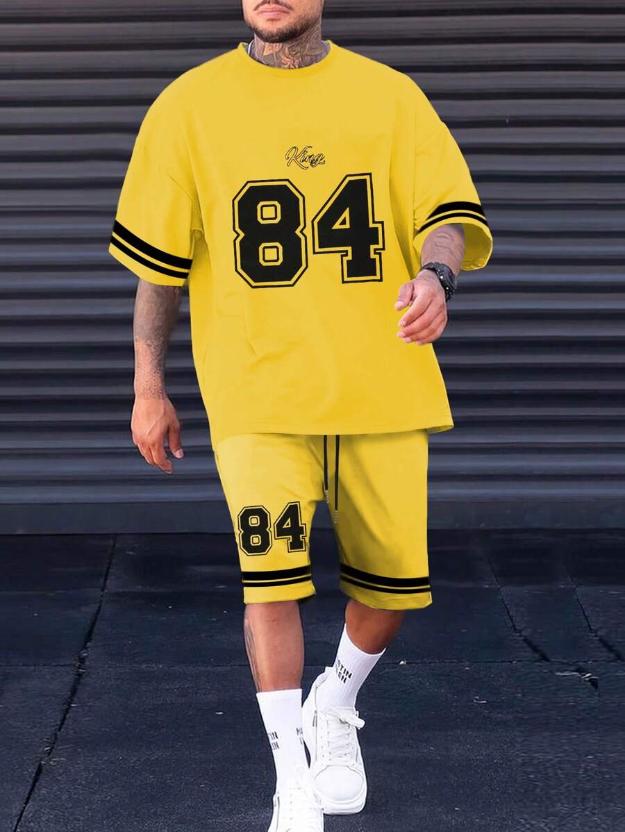 Manfinity Homme 男士寬鬆字母印花t恤和條紋修剪短褲