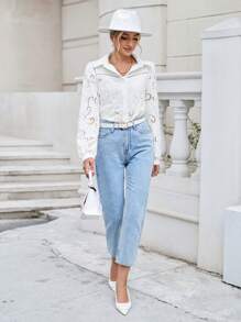 SHEIN Frenchy Solid Eyelet Embroidery Button Front Shirt - White - View 1