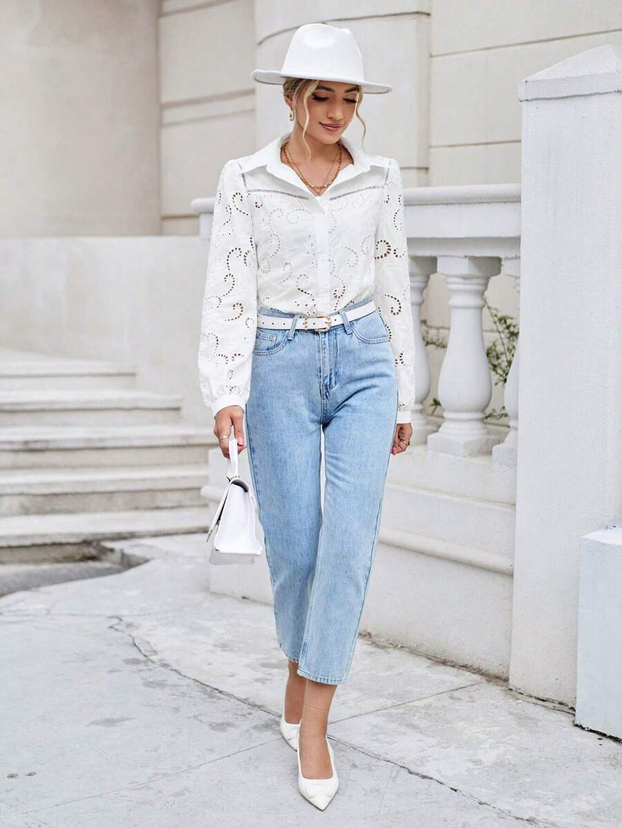 SHEIN Frenchy Solid Eyelet Embroidery Button Front Shirt - White - View 1