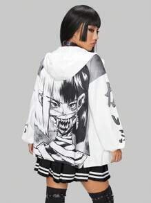 ROMWE Anime 人像圖案落肩袖連帽外套 - 白色 - 查看 2