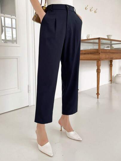 DAZY Pantalones de vestir de mujer, unicolor, con bolsillos y pliegues, para uso casual en la oficina