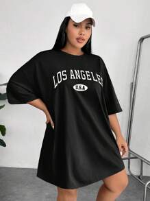 SHEIN EZwear 加大字母图案落肩 T 恤连衣裙加大码 T 恤女童 sy2k 加大码服装超大码 T 恤女式 - 黑色 - 查看 5