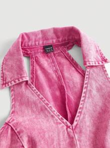 SHEIN MOD V領喇叭下擺牛仔洋裝 - 玫紅色 - 查看 3