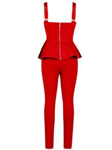 2 件套针织绷带金属纽扣鱼尾裙上衣和弹力紧身裤，优雅商务/日常/生日/晚装，长款 - 紅色 - 查看 3