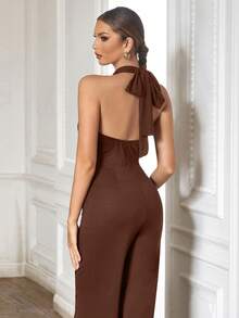 Solid Twist Front Halter Neck Backless Jumpsuit - Brown - View 8