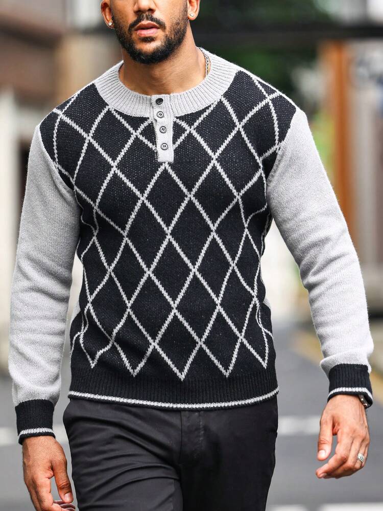 Men Argyle Pattern Quarter Button Sweater