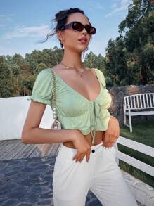 SHEIN Unity Tops de mujeres Nudo Volante rígido Liso Dulce - verde menta - Ver 3