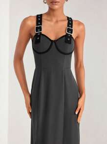 BROSKOV 设计师对比色绑带开叉大腿吊带优雅连衣裙，节日、派对、感恩节、新年前夜服装 - 深灰色 - 查看 4