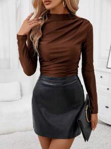 SHEIN Clasi Camiseta de cuello alto fruncido - Marrón Chocolate - Ver 5