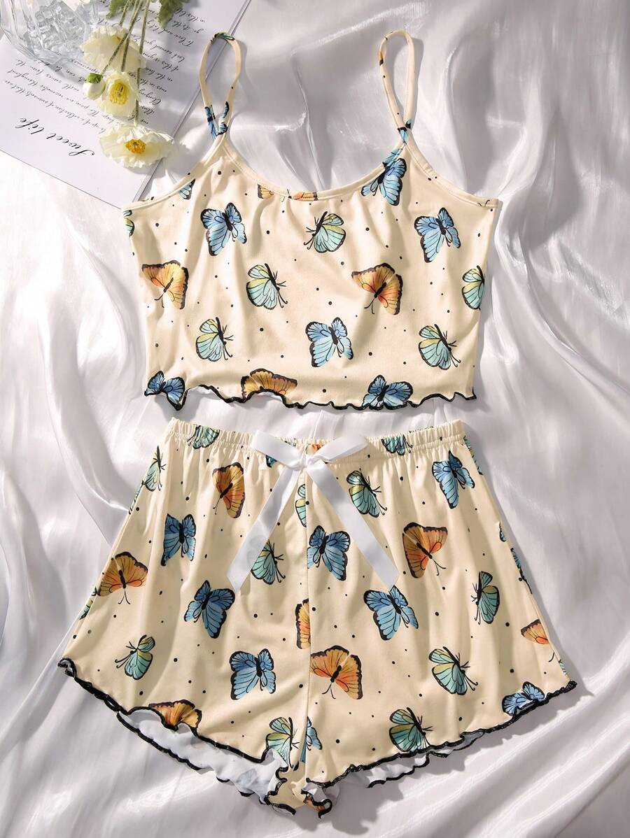 蝴蝶圖案木耳邊前蝴蝶結睡衣套裝 - 杏色 - 查看 1