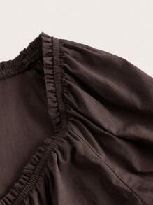 ROMWE PUNK 素色前紐扣泡泡袖襯衫 - 巧克力棕 - 查看 4