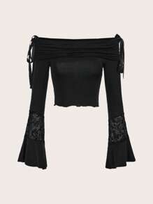ROMWE PUNK Off Shoulder Tay áo loe Áo thun - màu đen - Xem 1