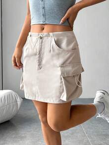 SHEIN EZwear 側翻蓋口袋工裝裙 - 卡其色 - 查看 3