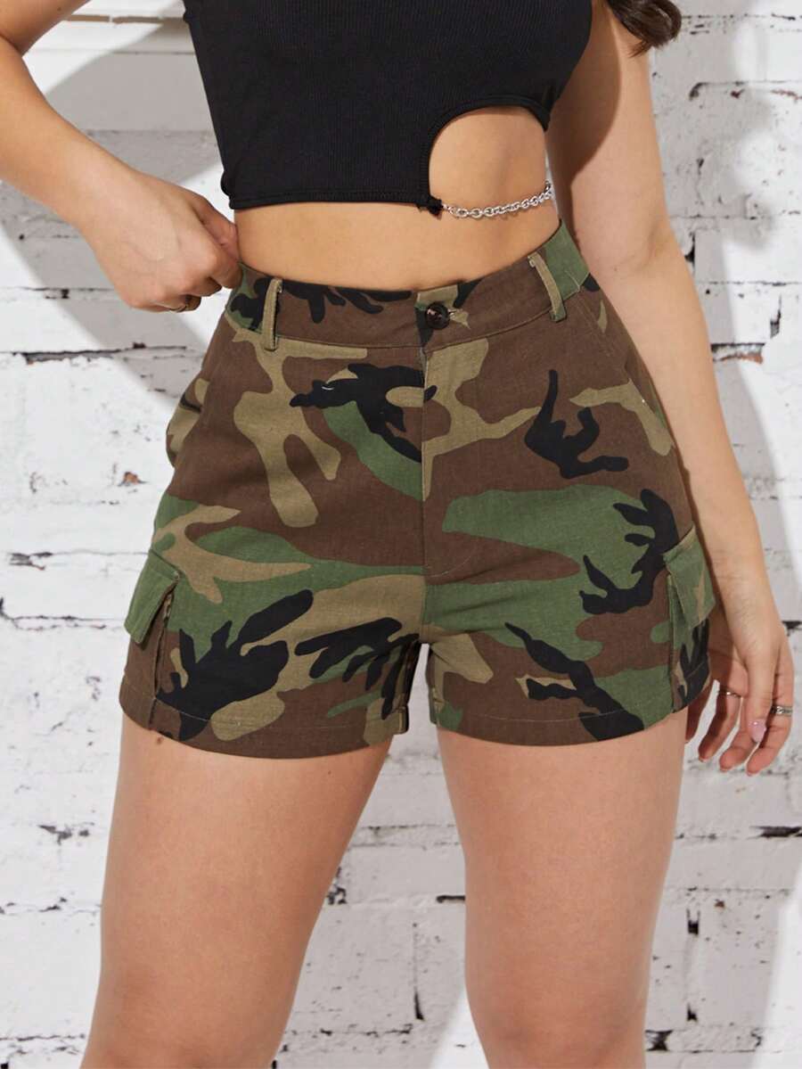 夏季时尚 Y2K 迷彩工装短裤 - 軍綠色 - 查看 1