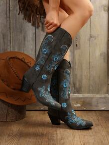 Style With Hoodie Women Fashion Western Style Booties With Embroidery Detail, Fashion Boots, Cowboy Boots For Women - Dark Grey - View 1
