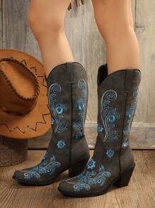 Style With Hoodie Women Fashion Western Style Booties With Embroidery Detail, Fashion Boots, Cowboy Boots For Women - Dark Grey - View 3