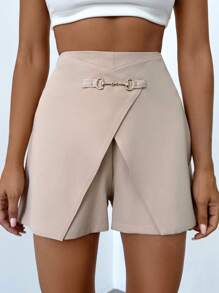SHEIN Cottnline Chain Detail Wrap Front Shorts - Khaki - View 5