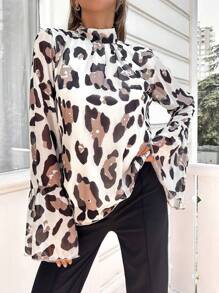 EURMUSE Allover Print Mock Neck Flare Sleeve Blouse - White - View 4