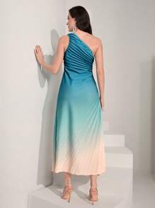 Modelyn Bóng Một bờ vai Xù Viền xếp Đầm - Màu xanh lam - Xem 2