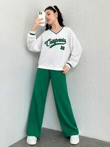Teen Girl Letter Graphic Drop Shoulder Pullover & Sweatpants - Multicolor - View 3