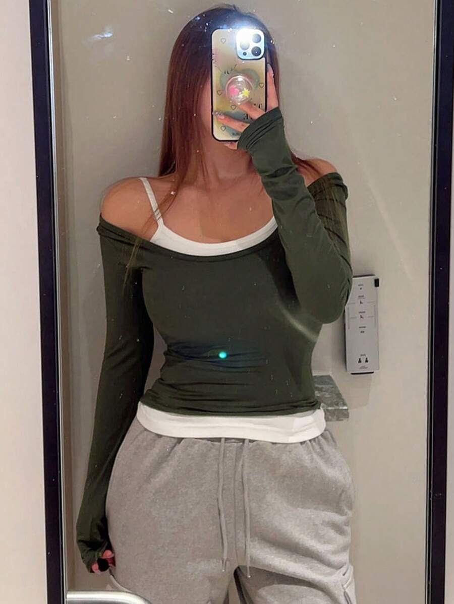 DAZY 纯色圆领 T 恤和吊带背心长袖女上衣,秋季女装 - 軍綠色 - 查看 1