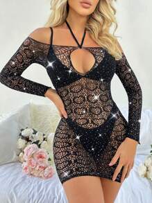 Rhinestone Studded Fishnet Dress Without Lingerie Set - Black - View 3