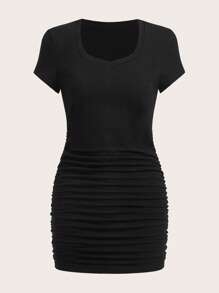SHEIN EZwear Summer Dress Solid Ruched Bodycon Black Dress,Business Casual Woman