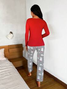 SHEIN Cottnline Cotton Cartoon And Striped Print PJ Set - Red - View 2