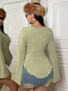 SHEIN ICON Hơn Ren Mộc nhĩ Tay áo kèn  Viền mặt trước Xù Hoa Sen Áo thun - Màu xanh Bạc hà - Xem 2