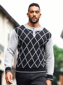 Manfinity Homme Men Argyle Pattern Quarter Button Sweater