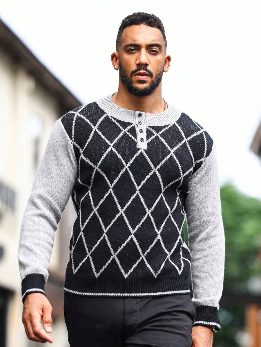 Manfinity Homme Men Argyle Pattern Quarter Button Sweater