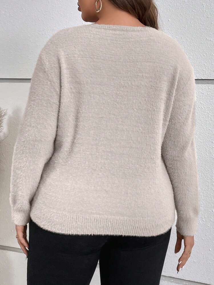 Plus Guipure Lace Insert Fuzzy Knit Sweater