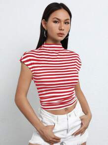 SHEIN EZwear Striped Print Batwing Sleeve Crop Tee - Red - View 3