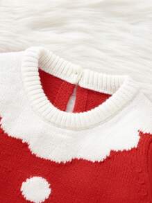 Baby Girl Christmas Pattern Knit Jumpsuit & Hat - Red - View 3
