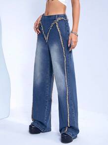 SHEIN ICON Jeans ribete crudo de pierna ancha - Azul lavado medio - Ver 3